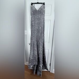 Silver strapless evening gown .. beautiful for the holiday parties coming up-